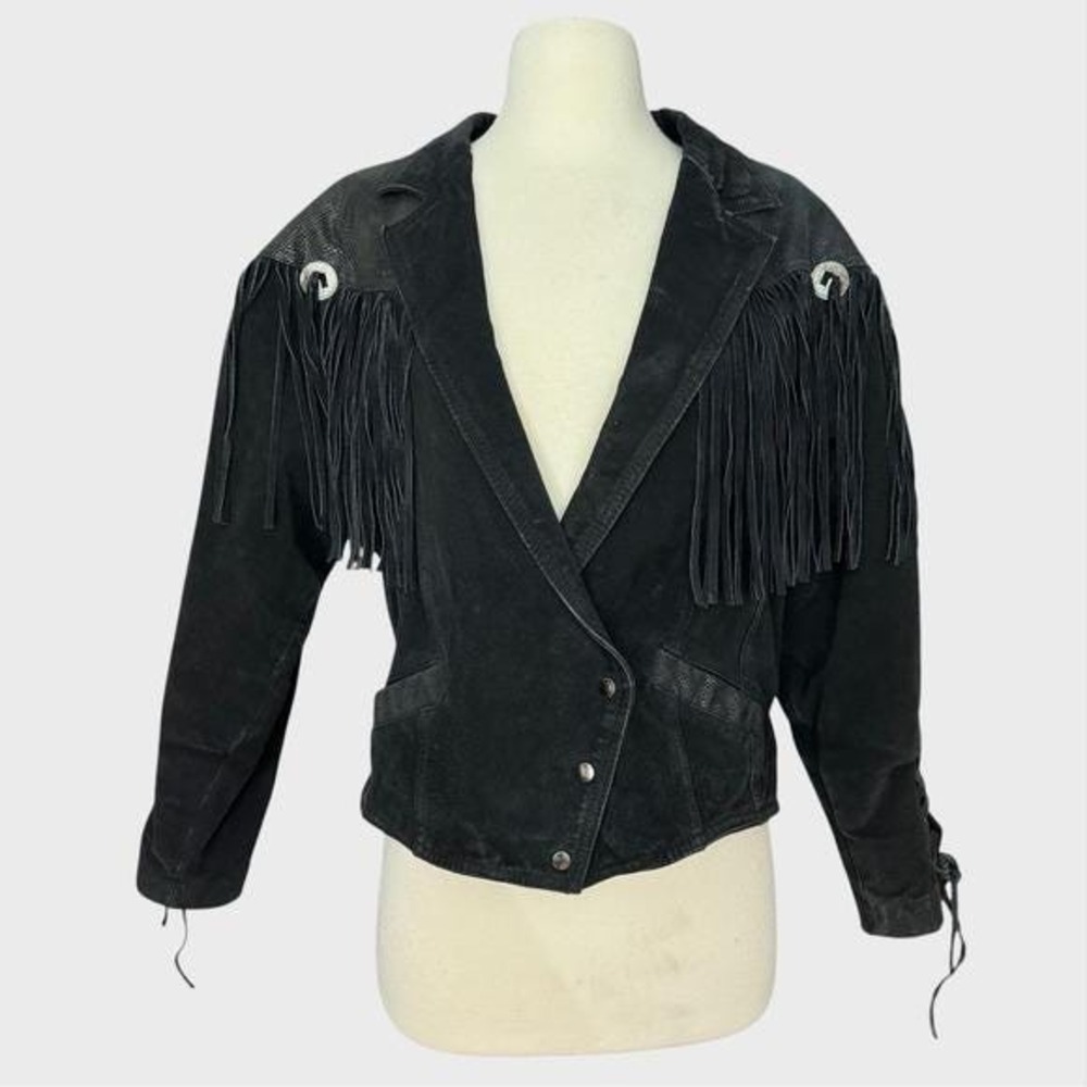 Vintage 80s Suede Fringe Concho Jacket - Western Goth Cropped Rockstar Blazer L